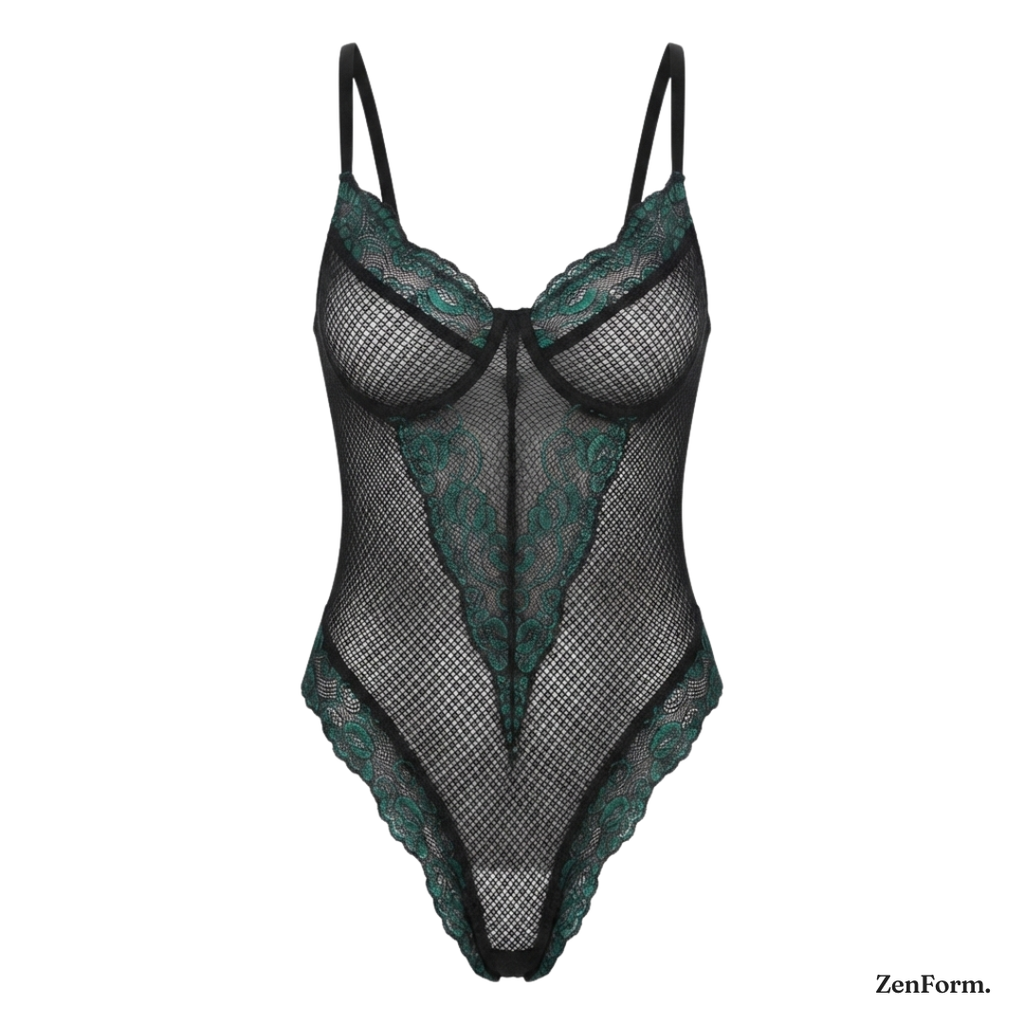 Emerald Whisper Lace Bodysuit Sheer Fishnet One-Piece Lingerie