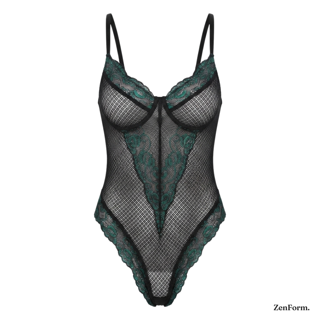 Emerald Whisper Lace Bodysuit Sheer Fishnet One-Piece Lingerie