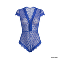Royal Blue Floral Lace Bodysuit with Cap Sleeves & Scalloped Trim