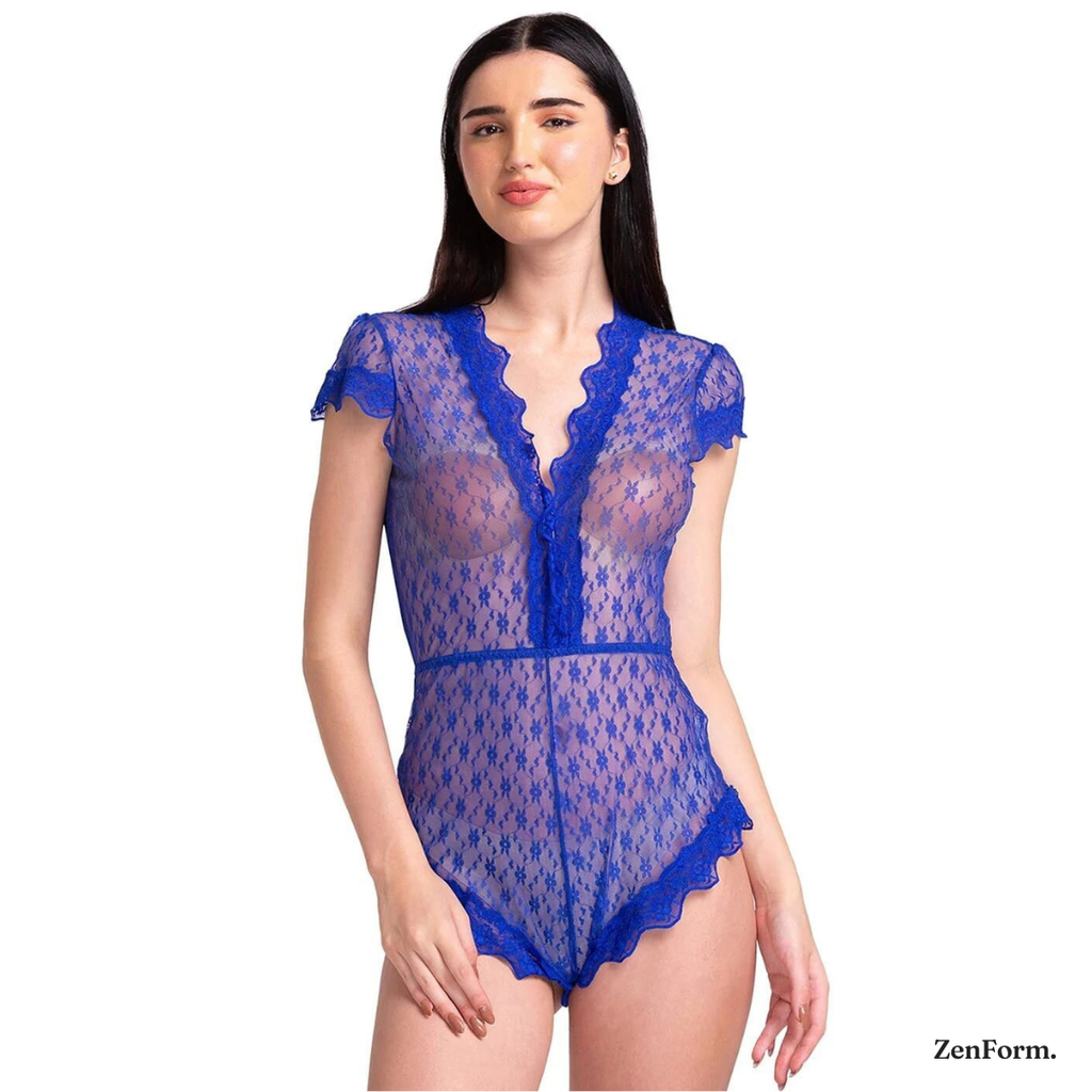 Royal Blue Floral Lace Bodysuit with Cap Sleeves & Scalloped Trim