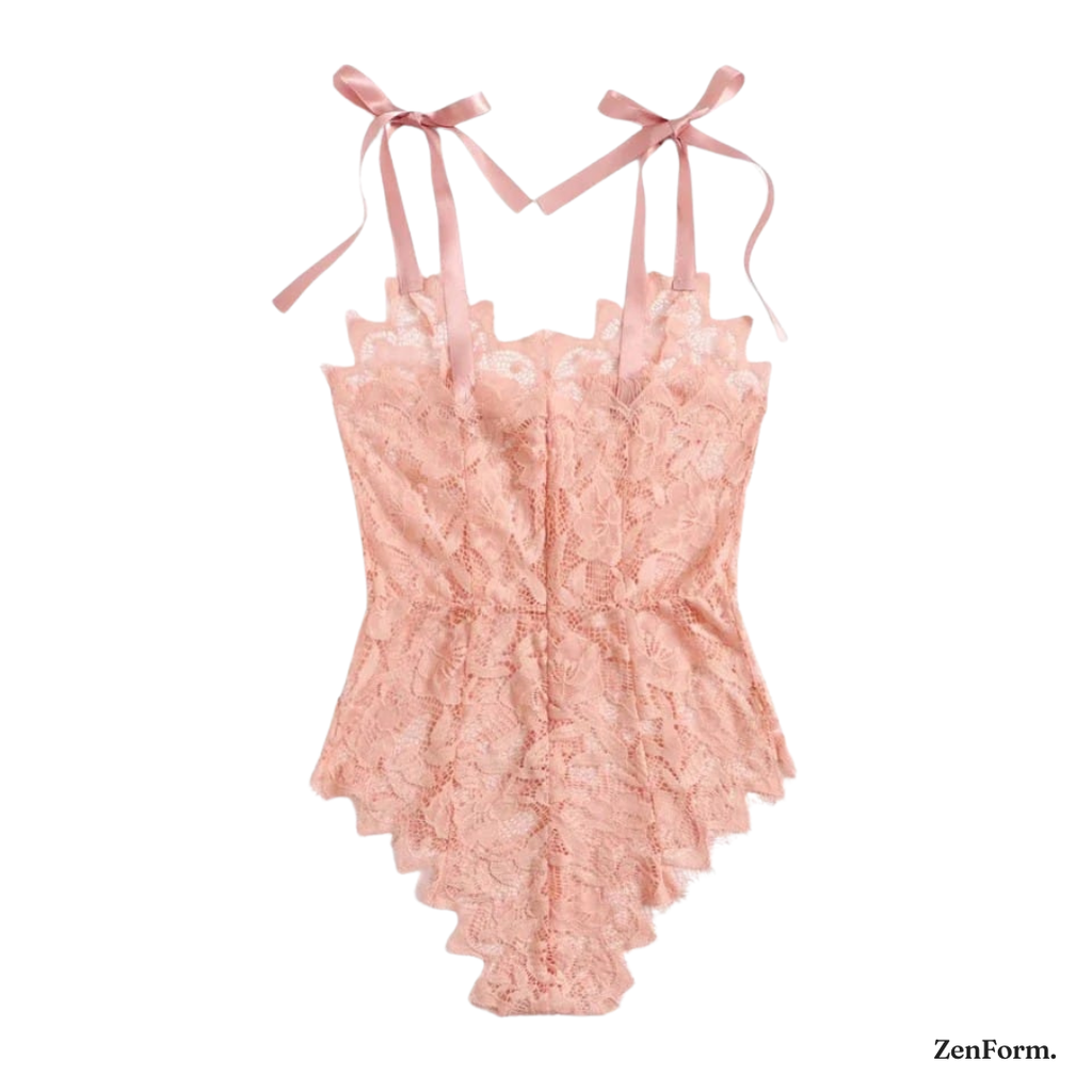 Blush Pink Floral Lace Bodysuit with Tie-Shoulder Straps