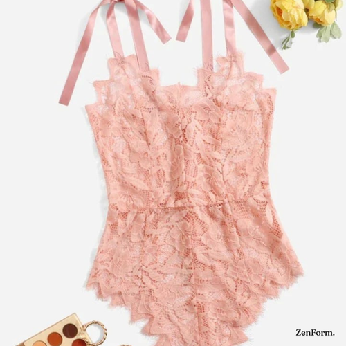 Blush Pink Floral Lace Bodysuit with Tie-Shoulder Straps