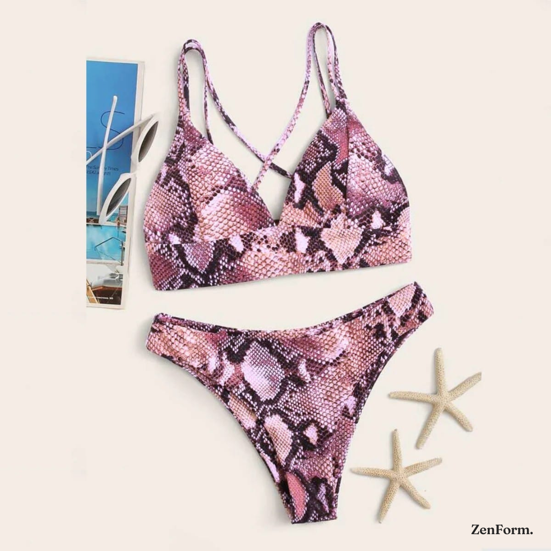 Snakeskin Print Criss-Cross Bikini Set