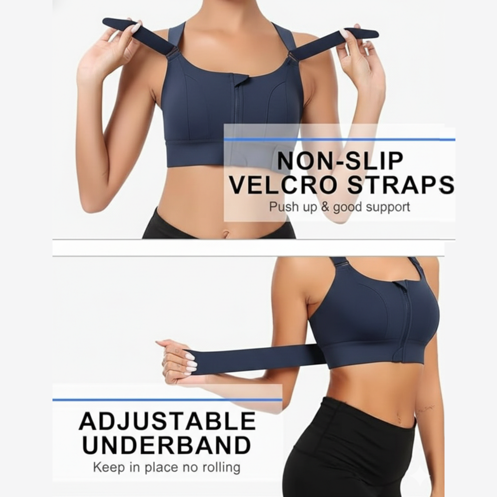 High-Impact Front Zip Sports Bra | Adjustable Straps & Under Band | Maximum Support for Workout & Running (BLUE)
