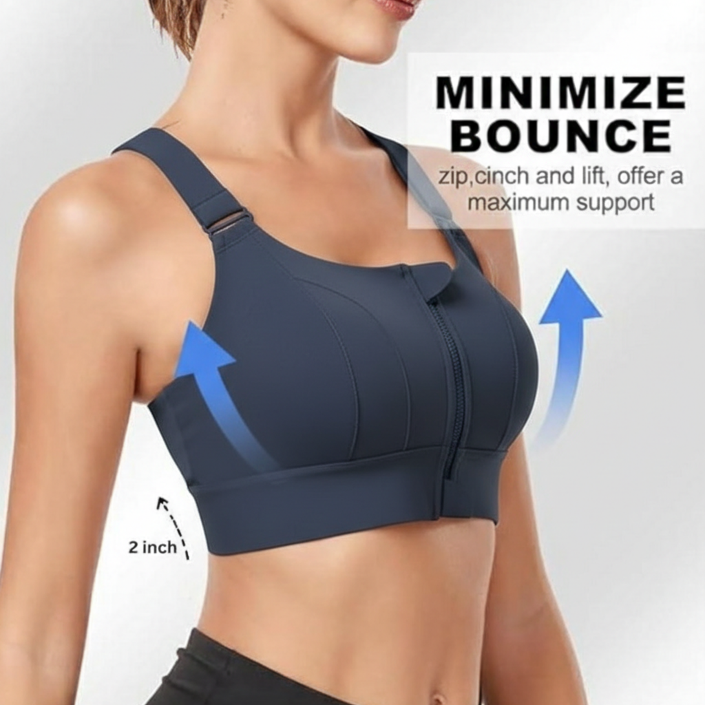 High-Impact Front Zip Sports Bra | Adjustable Straps & Under Band | Maximum Support for Workout & Running (BLUE)