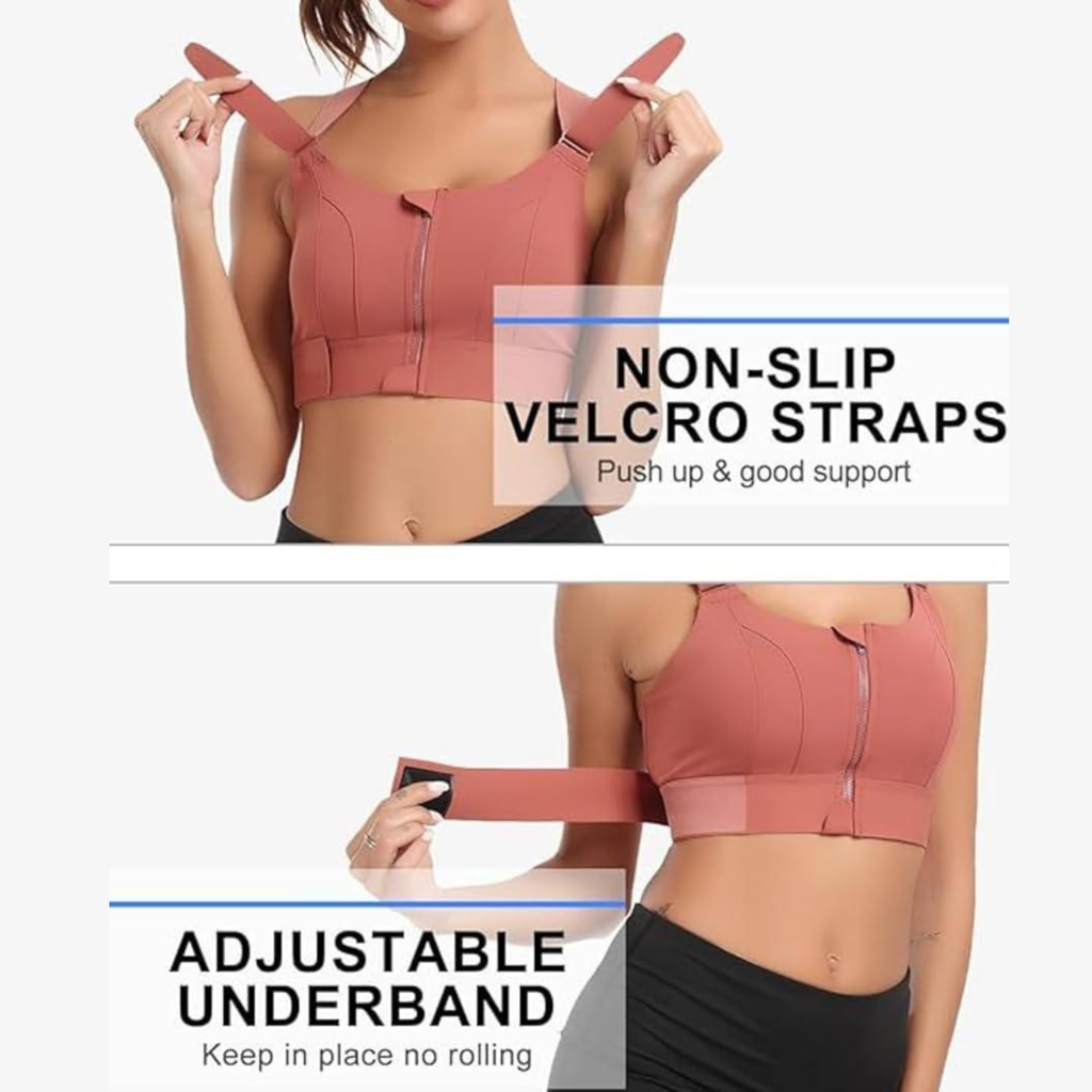 High-Impact Front Zip Sports Bra | Adjustable Straps & Under Band | Maximum Support for Workout & Running (PEACH)