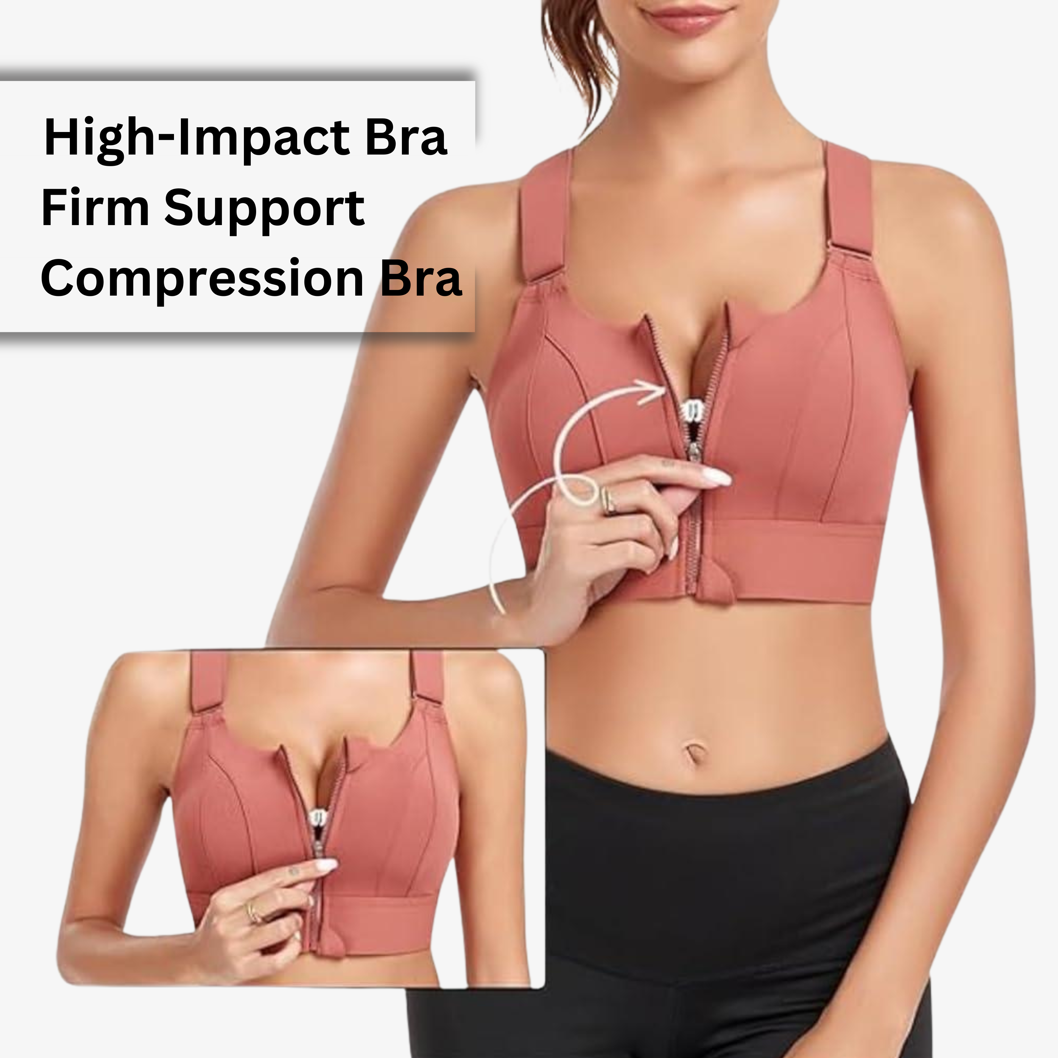 High-Impact Front Zip Sports Bra | Adjustable Straps & Under Band | Maximum Support for Workout & Running (PEACH)