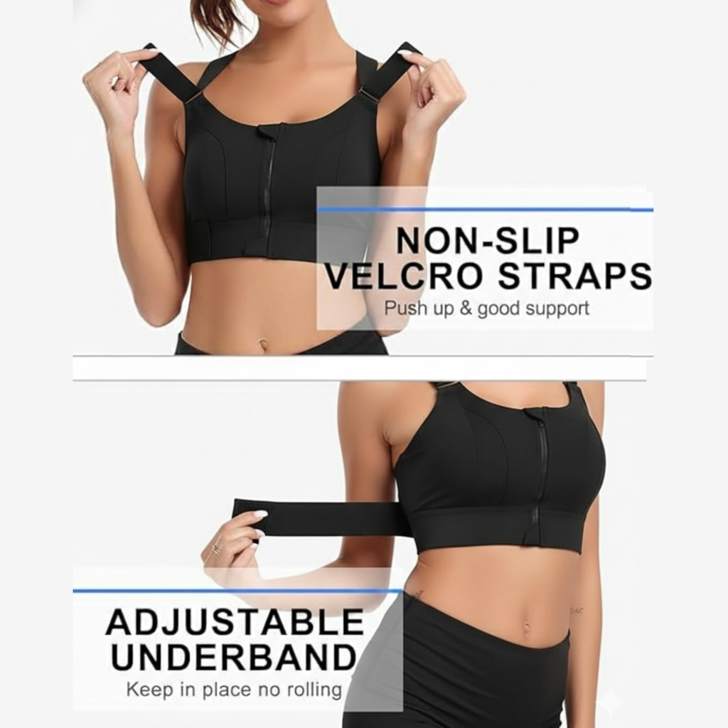 High-Impact Front Zip Sports Bra | Adjustable Straps & Under Band | Maximum Support for Workout & Running (BLACK)