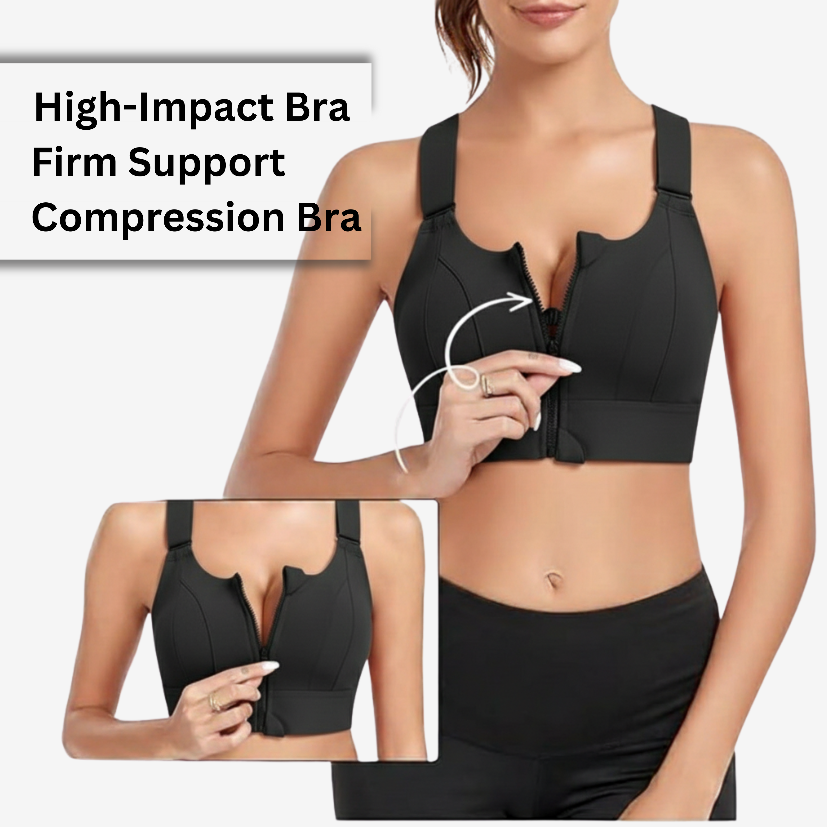 High-Impact Front Zip Sports Bra | Adjustable Straps & Under Band | Maximum Support for Workout & Running (BLACK)