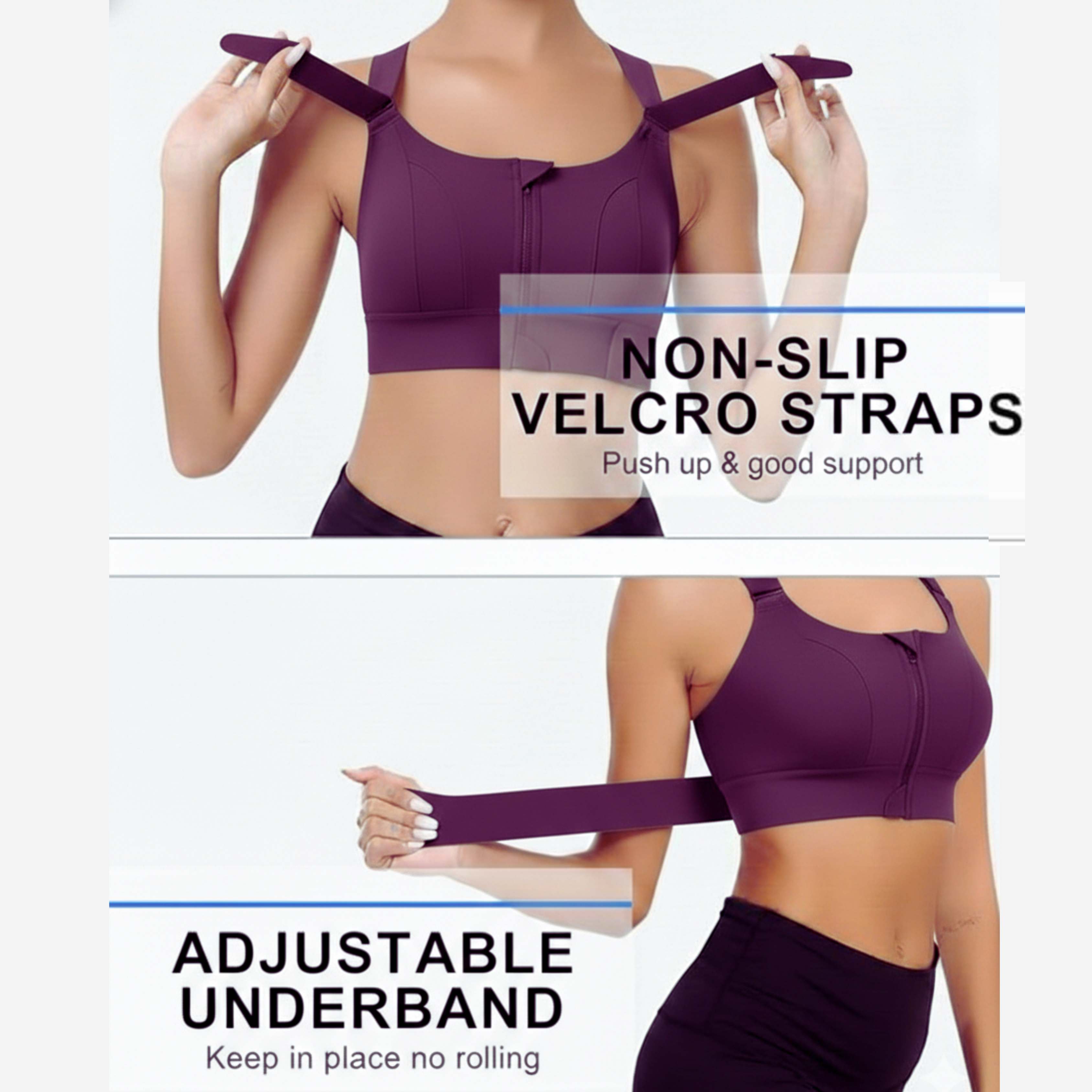 High-Impact Front Zip Sports Bra | Adjustable Straps & Under Band | Maximum Support for Workout & Running (PURPLE)