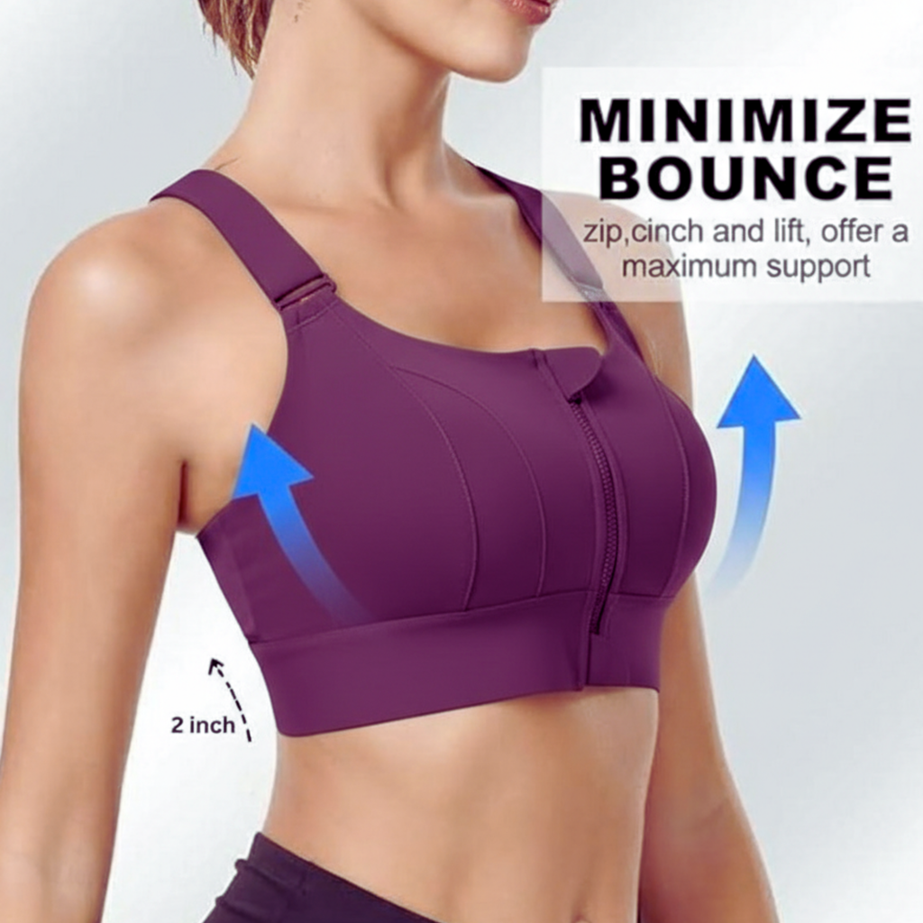 High-Impact Front Zip Sports Bra | Adjustable Straps & Under Band | Maximum Support for Workout & Running (PURPLE)