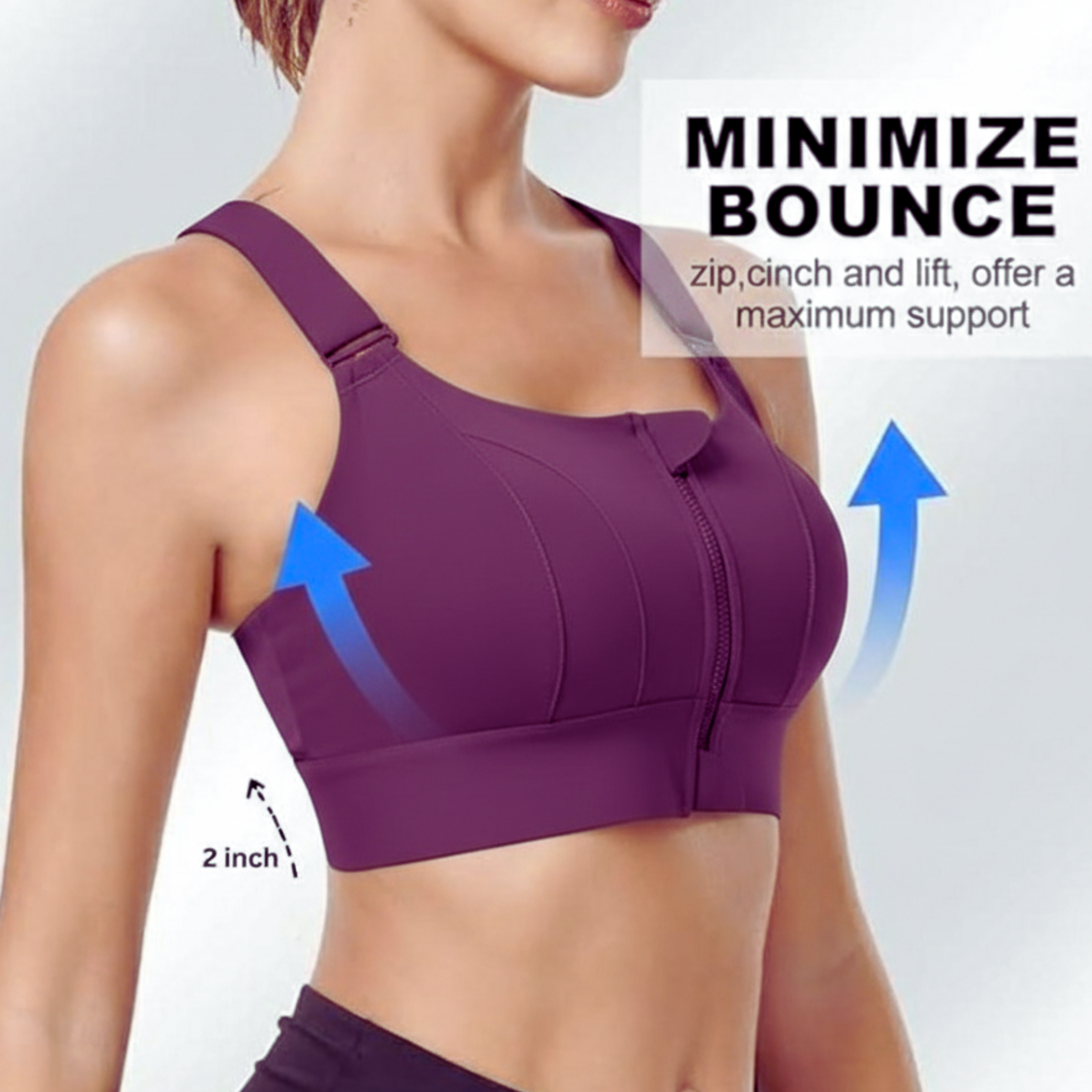 High-Impact Front Zip Sports Bra | Adjustable Straps & Under Band | Maximum Support for Workout & Running (PURPLE)