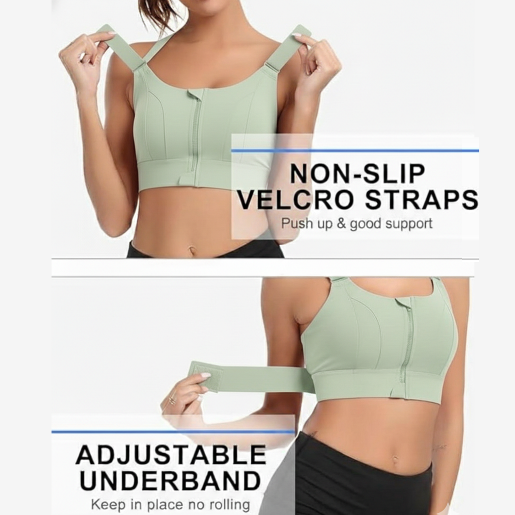 High-Impact Front Zip Sports Bra | Adjustable Straps & Under Band | Maximum Support for Workout & Running (SAGE GREEN)