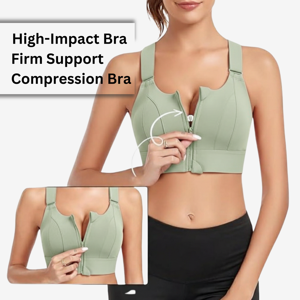 High-Impact Front Zip Sports Bra | Adjustable Straps & Under Band | Maximum Support for Workout & Running (SAGE GREEN)