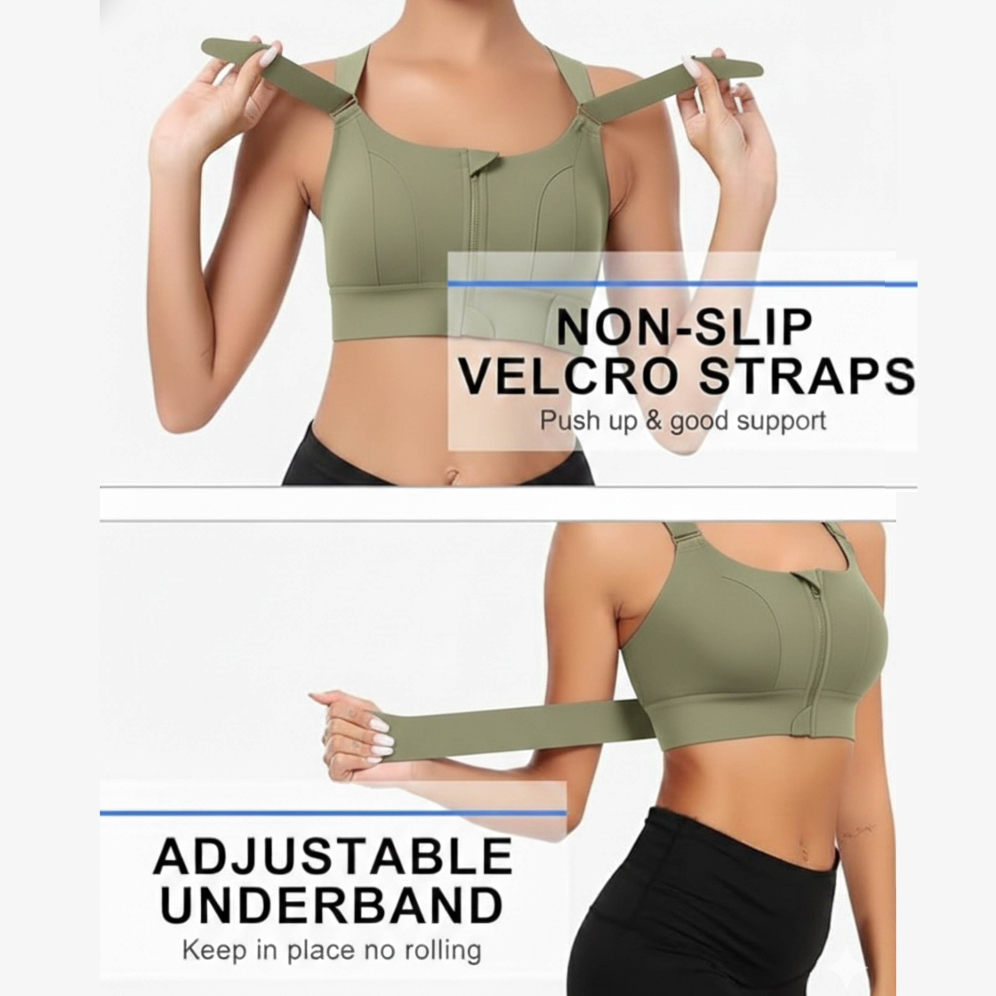 High-Impact Front Zip Sports Bra | Adjustable Straps & Under Band | Maximum Support for Workout & Running (OLIVE)