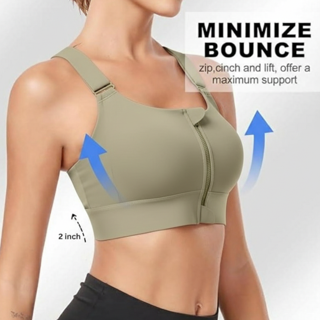 High-Impact Front Zip Sports Bra | Adjustable Straps & Under Band | Maximum Support for Workout & Running (OLIVE)