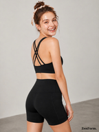 Double Criss-Cross Sports Bra & Pocket Biker Shorts Seamless 2-Piece Activewear Set
