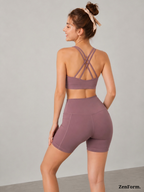 Double Criss-Cross Sports Bra & Pocket Biker Shorts Seamless 2-Piece Activewear Set