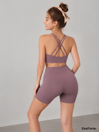 Double Criss-Cross Sports Bra & Pocket Biker Shorts Seamless 2-Piece Activewear Set