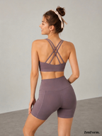 Double Criss-Cross Sports Bra & Pocket Biker Shorts Seamless 2-Piece Activewear Set
